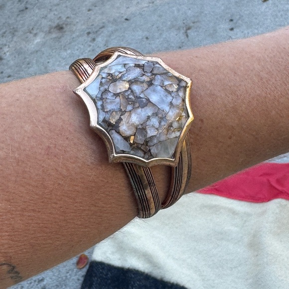 BARSE THAI CO BRONZED WOMENS CUFF WITH WHITE CALCITE STONE - Picture 1 of 8